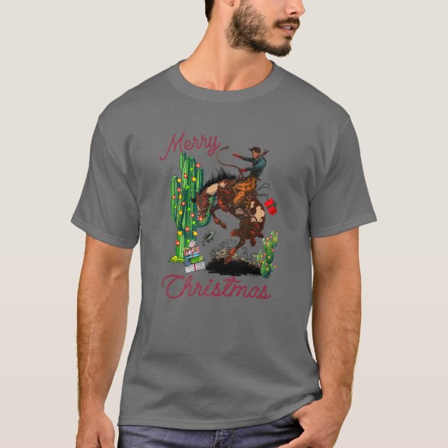 Cowboy Merry Christmas Desert Cactus Lasso Western T-Shirt (Front)