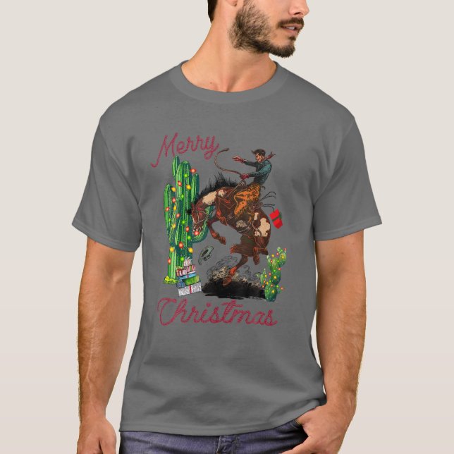 Cowboy Merry Christmas Desert Cactus Lasso Western T-Shirt (Front)