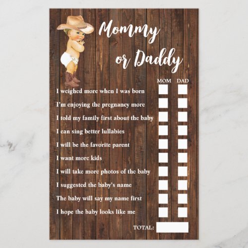 Cowboy Mom or Dad Said Baby Shower Game Card Flyer