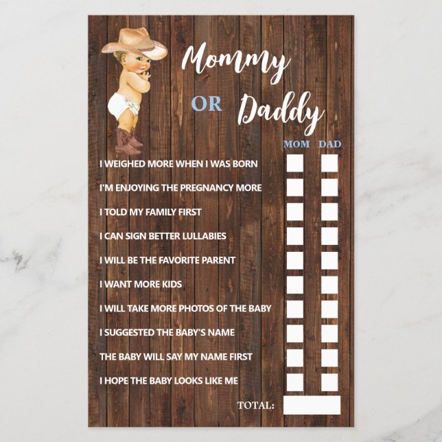 Cowboy Mom or Dad Said Baby Shower Game Card Flyer (Front)