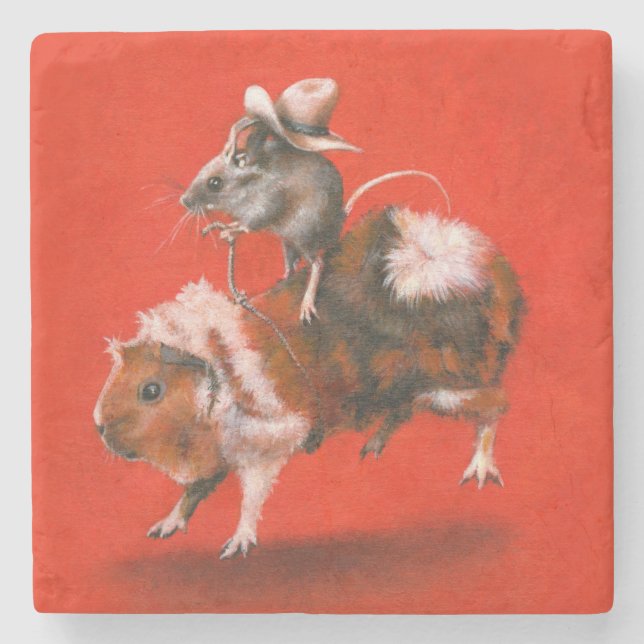Cowboy Mouse Riding Guinea Pig Stone Coaster (Front)