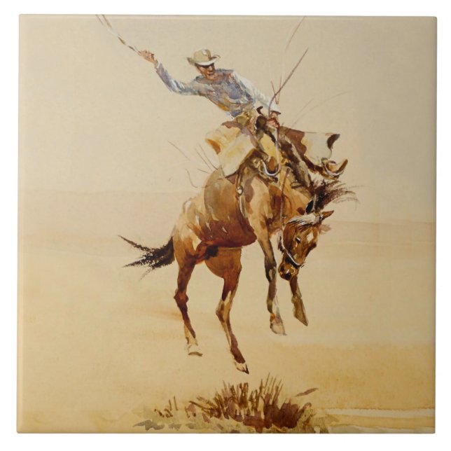 Cowboy on a Bucking Horse #2 by Edward Borein Ceramic Tile (Front)