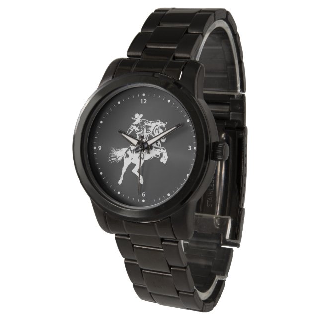 Cowboy on a Horse Black Face White Numerals Watch (Angled)