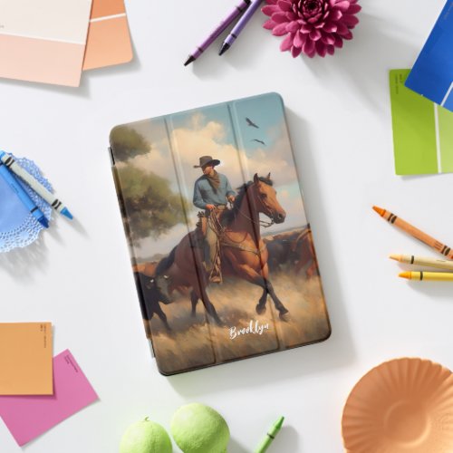 Cowboy  on Bay Horse and Cattle iPad Pro Cover