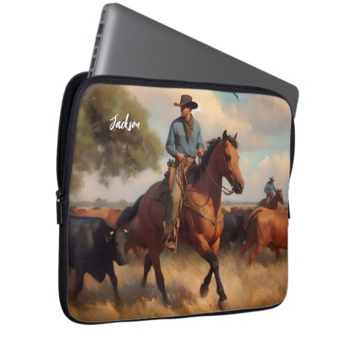 Cowboy  on Bay Horse and Cattle Laptop Sleeve