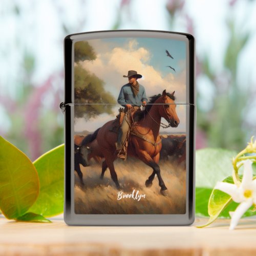 Cowboy  on Bay Horse and Cattle Zippo Lighter