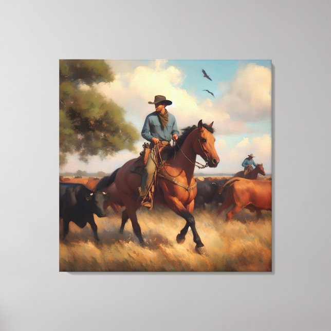 Cowboy on Bay Horse Canvas Print (Front)