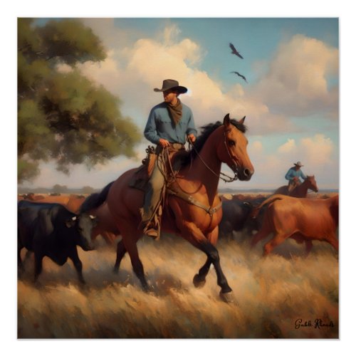 Cowboy on Bay Horse Poster