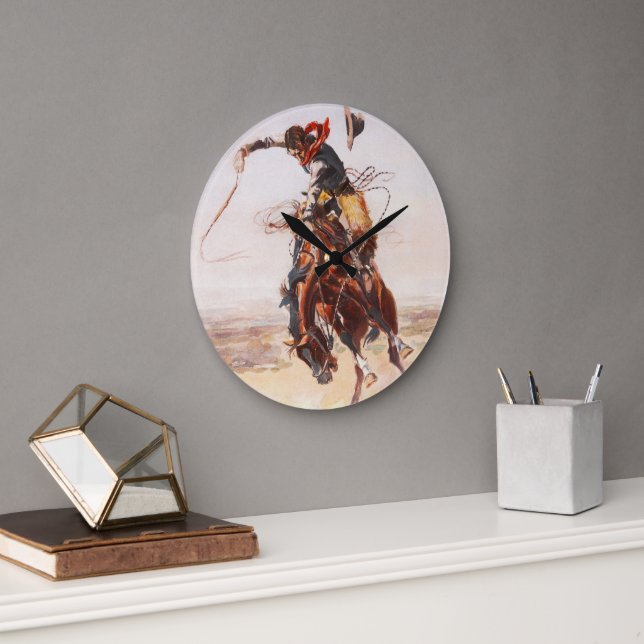 Cowboy on Bucking Bronco Large Clock (Office)