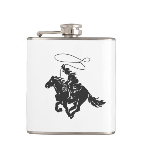 Cowboy on bucking horse running with lasso flask