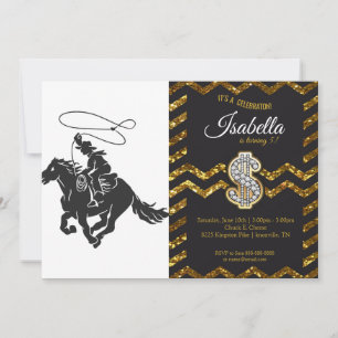 Cowboy on bucking horse running with lasso invitation