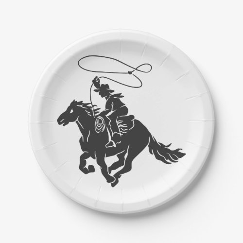 Cowboy on bucking horse running with lasso paper plates