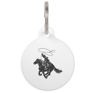 Cowboy on bucking horse running with lasso pet ID tag
