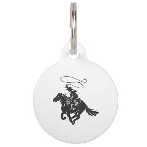 Cowboy on bucking horse running with lasso pet ID tag