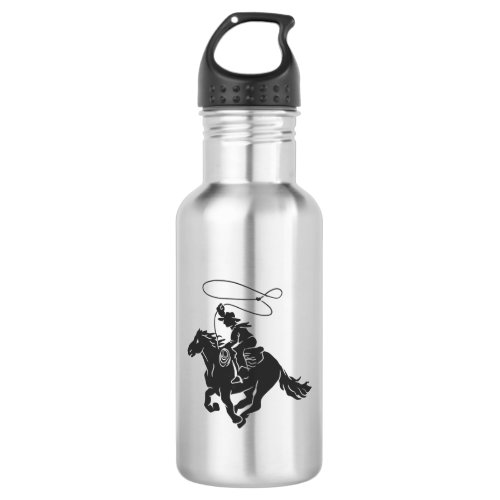 Cowboy on bucking horse running with lasso stainless steel water bottle