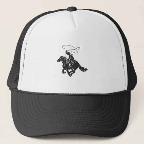 Cowboy on bucking horse running with lasso trucker hat