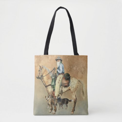 Cowboy on His Appaloosa Horse and his two Dogies Tote Bag