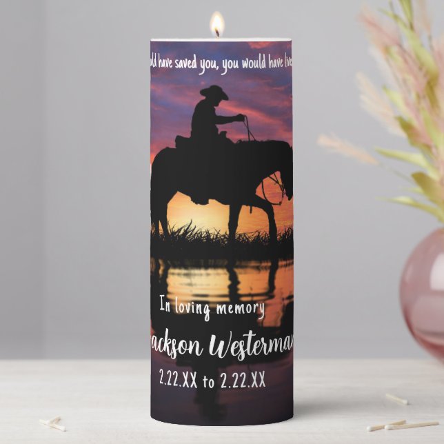 Cowboy on Horse at Sunset Memorial Pillar Candle (In Situ)