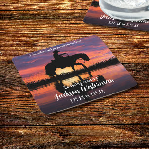 Cowboy on Horse at Sunset Memorial Square Paper Coaster