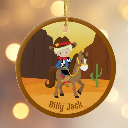 Cowboy on Horse Custom Western Kids Christmas Ceramic Ornament