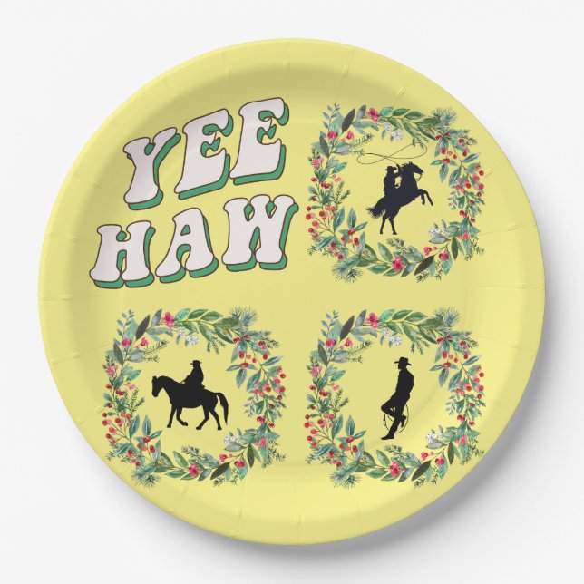 Cowboy on horse howdy y'all Boots yellow Paper Plates (Front)
