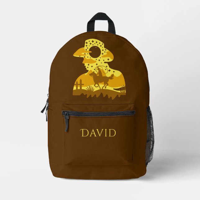 Cowboy on Horse Lasso Brown Personalized Printed Backpack (Front)