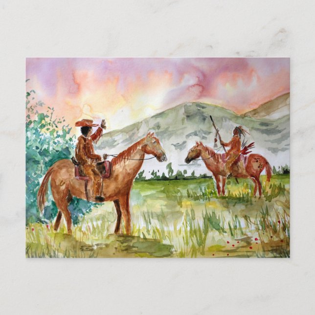 Cowboy on Horse meets Native American Postcard (Front)