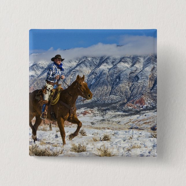 Cowboy on Horse wearing Leather Chaps Button (Front)