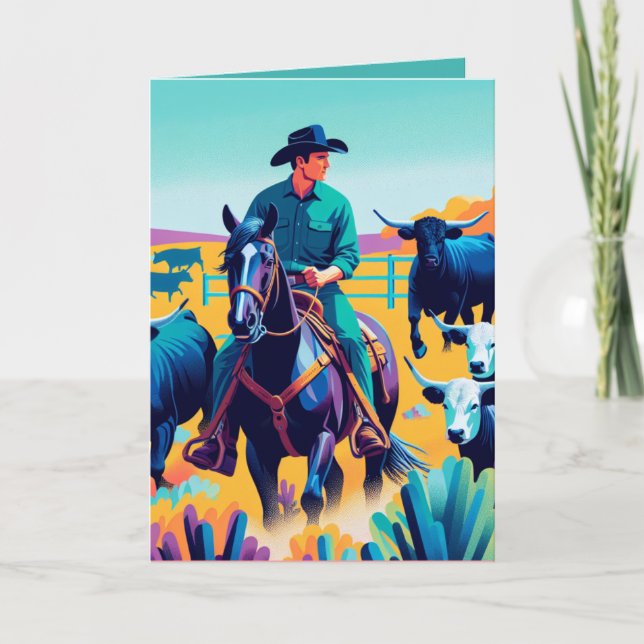 Cowboy On Horse With Cattle Personalized Card (Front)