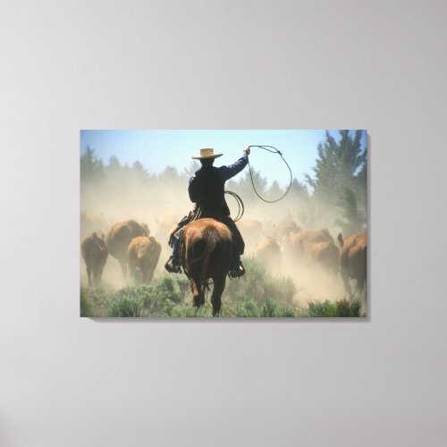 Cowboy on horse with lasso driving cattle canvas print