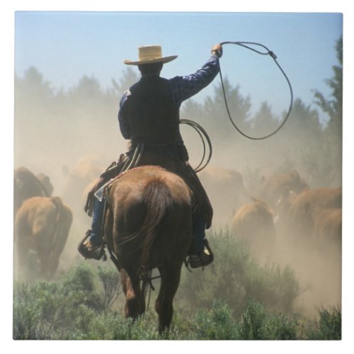 Cowboy on horse with lasso driving cattle ceramic tile