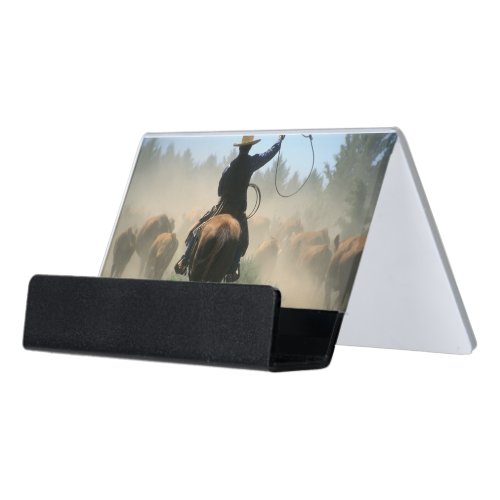 Cowboy on horse with lasso driving cattle desk business card holder