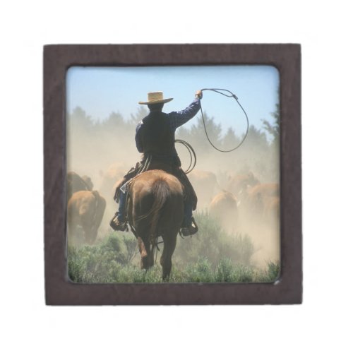 Cowboy on horse with lasso driving cattle jewelry box
