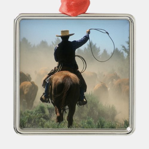 Cowboy on horse with lasso driving cattle metal ornament