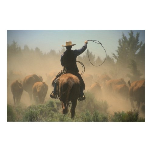 Cowboy on horse with lasso driving cattle wood wall art
