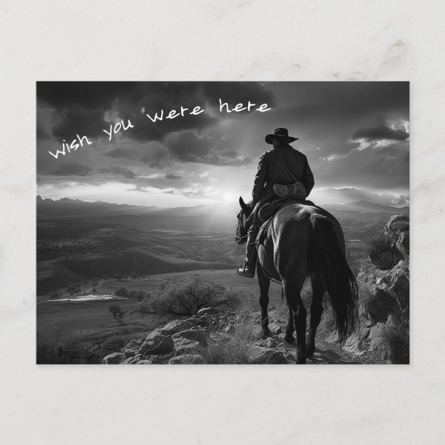 Cowboy on horseback at sunset B&W photo Postcard (Front)