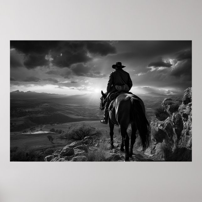 Cowboy on horseback at sunset B&W photo Poster (Front)