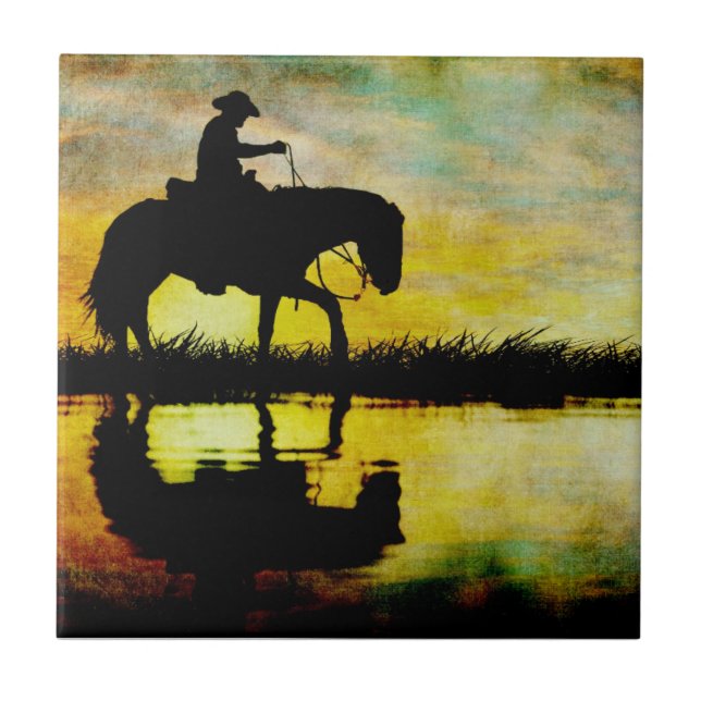Cowboy on Horseback at Sunset. Ceramic Tile (Front)