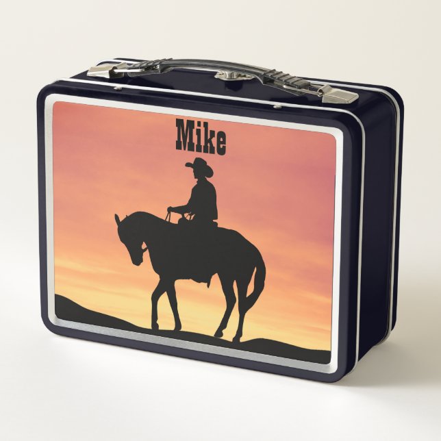 Cowboy on Horseback at Sunset Metal Lunch Box (Back)
