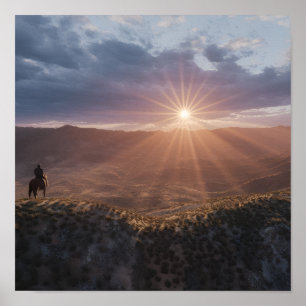 Cowboy on Horseback at Sunset, Western Desert Poster
