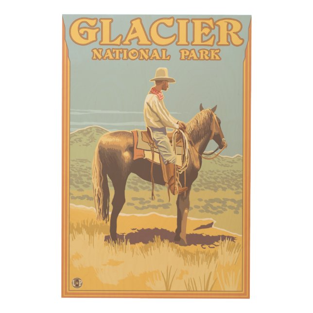 Cowboy on Horseback - Glacier National Park, Wood Wall Art (Front)