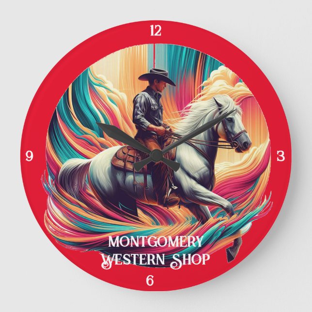 Cowboy on Horseback Vibrant Artwork Large Clock (Front)