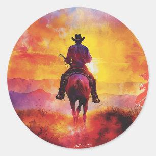 Cowboy on sunset ride sticker. classic round sticker