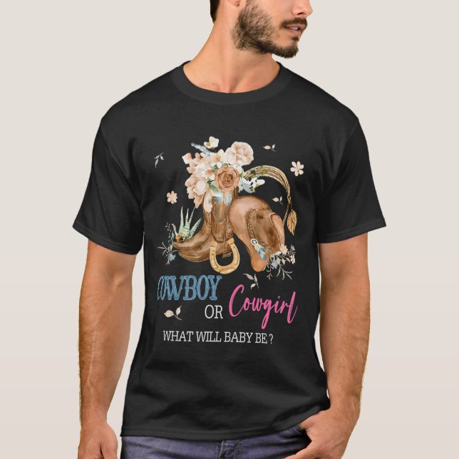 Cowboy Or Cowgirl Baby Gender Reveal Party Western T-Shirt (Front)