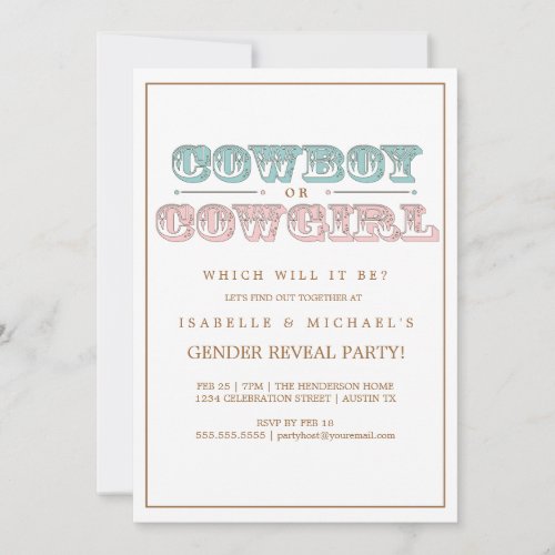 Cowboy or Cowgirl Country Baby Gender Reveal Party Invitation