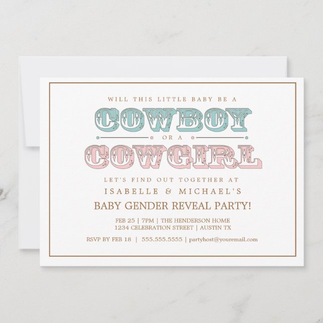 Cowboy or Cowgirl Country Baby Gender Reveal Party Invitation (Front)