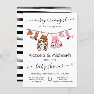 Cowboy or Cowgirl Reveal Clothesline Baby Shower Invitation