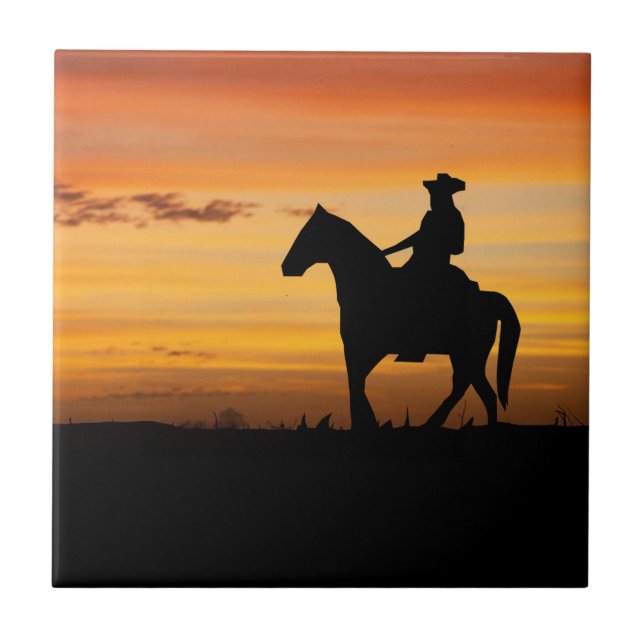 Cowboy Or Cowgirl Riding Horse In Sunset Tile (Front)