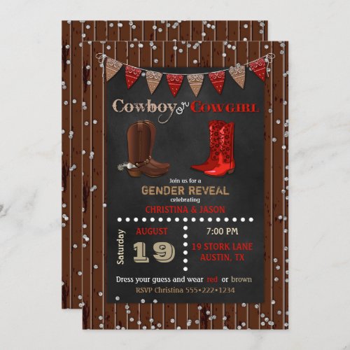 Cowboy or Cowgirl Western Gender Reveal Red Brown Invitation