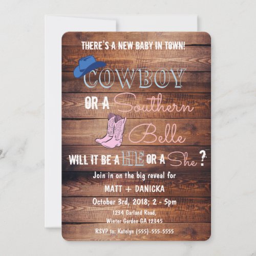 Cowboy or Southern Belle Gender Reveal Baby Shower Invitation